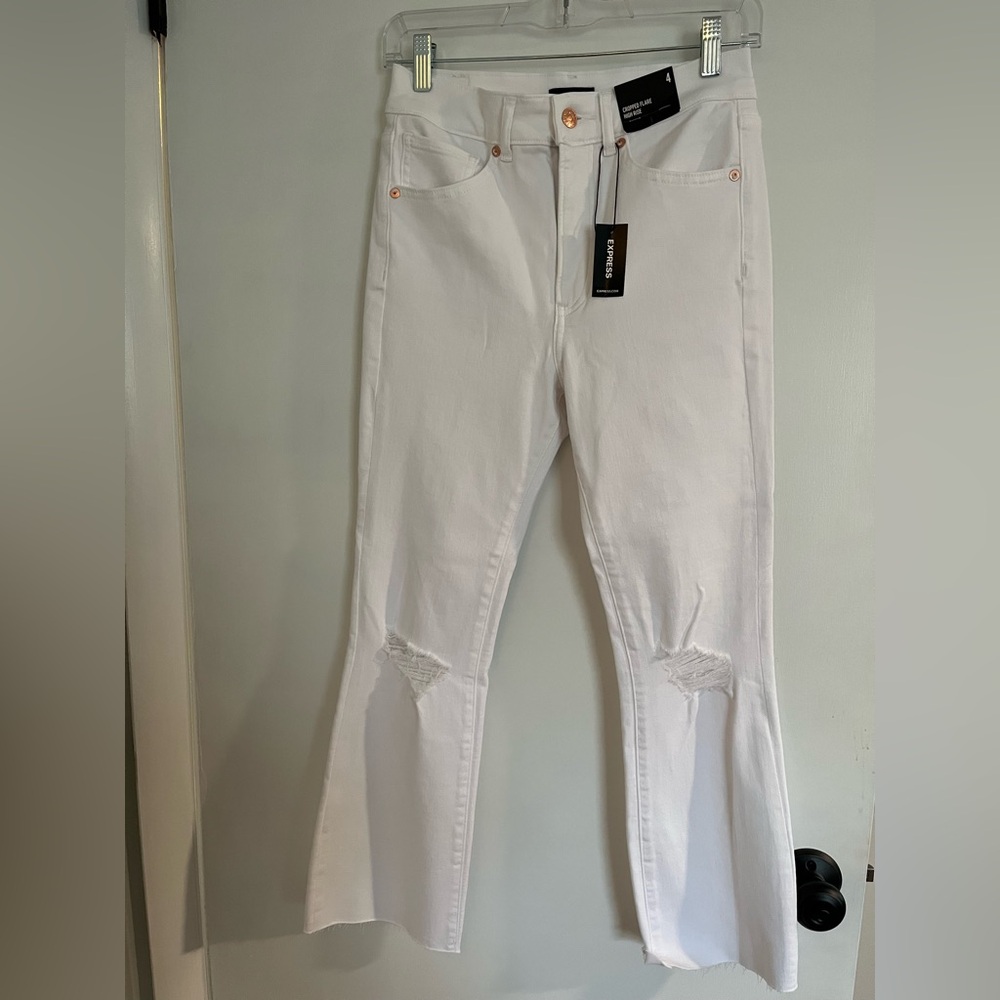Express jeans, distressed. Brand new with tags. Cropped flare high rise, size 4.